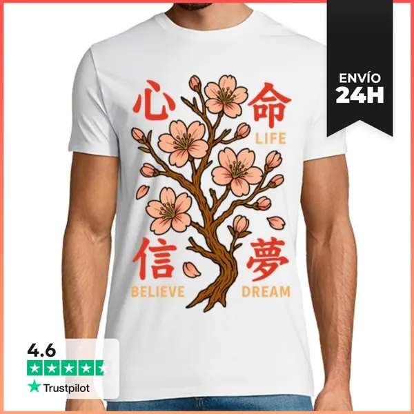 Camiseta Hombre Clásica Sakura Kanji Life Believe Dream Cerezo