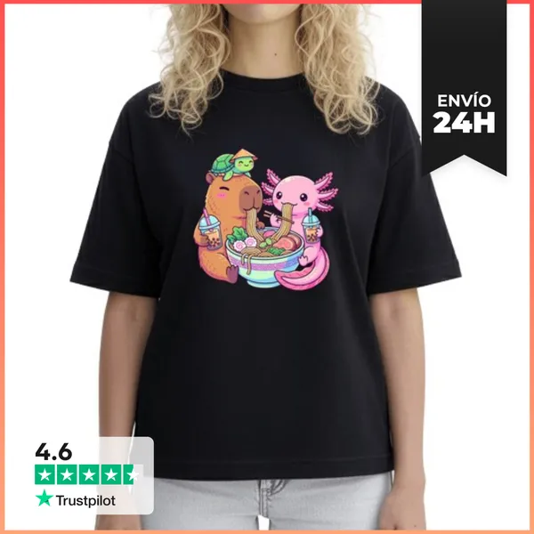 Camiseta Mujer Boxy Lindo Axolote Capibara Tortuga Ramen Boba