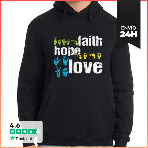 Sudadera Unisex Con Capucha Fe Esperanza Amor Colorido Letrero