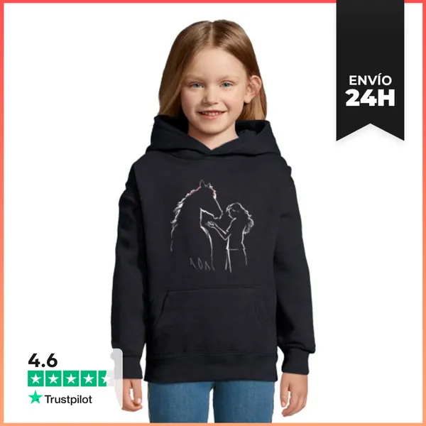 Sudadera Para Niños Con Capucha Silueta De Niña Y Caballo. Dibujo