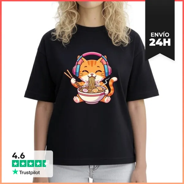 Camiseta Mujer Boxy Gato Kawaii Ramen Música LaTostadora