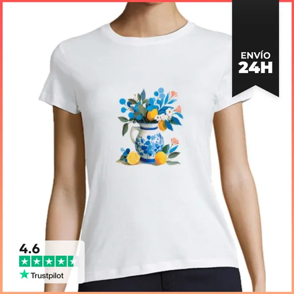 Camiseta Mujer Clásica Cruche Decorada Con Ramo Azul Y Limones