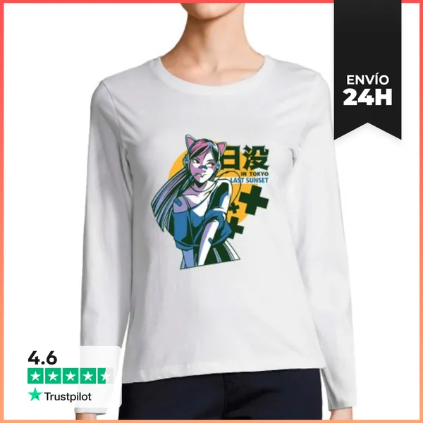 Camiseta Mujer Manga Larga Tokio Anime Chica Puesta De Sol Manga