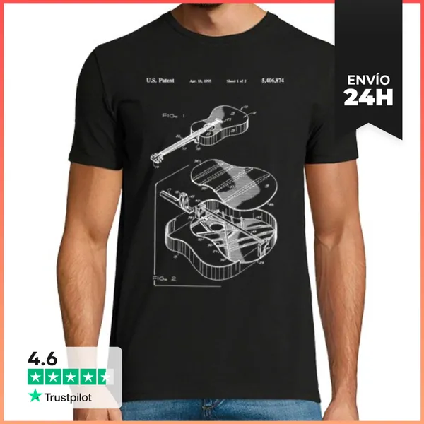 Camiseta Hombre Clásica Patente Guitarra Española Dibujo Vintage