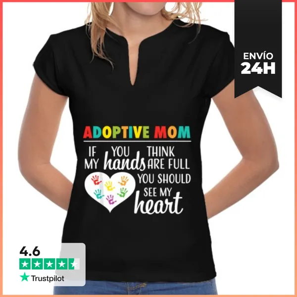 Camiseta Mujer Cuello Mao Cita De Corazón De Mamá Adoptiva Gif De