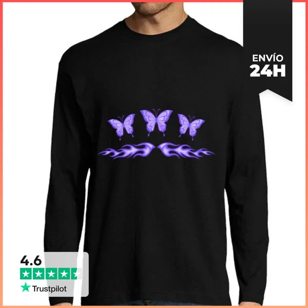 Camiseta Hombre Manga Larga Tatuaje De Mariposa Morada Fairycore