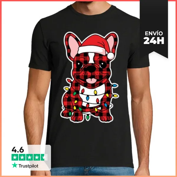 Camiseta Hombre Clásica Perro Bulldog Frances Navideno Cuadros