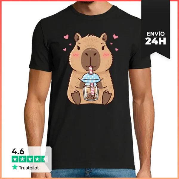 Camiseta Hombre Clásica Capibara Kawaii Con Té De Burbujas