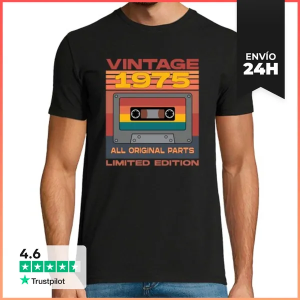 Camiseta Hombre Clásica 1975 Cassette Vintage Todas Las Piezas