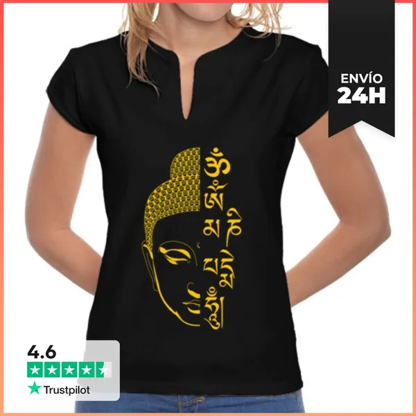 Camiseta Mujer Cuello Mao Buda Om Mani Padme Hum Mantra