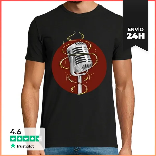 Camiseta Hombre Clásica Micrófono Retro Músico Cantante Vintage