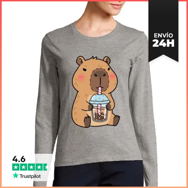 Camiseta Mujer Manga Larga Capibara Con Té Y Estilo Tranquilo