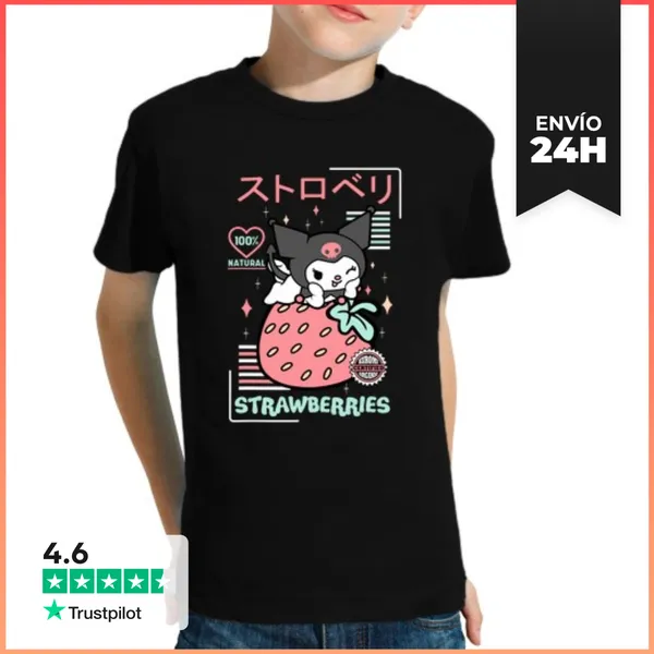 Camiseta Clásica Para Niños Lindo Kuromi Fresa Recogiendo Rosa