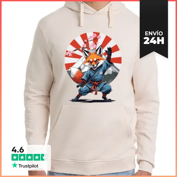 Sudadera Unisex Con Capucha Ilustración De Zorro Samurái Guerrero