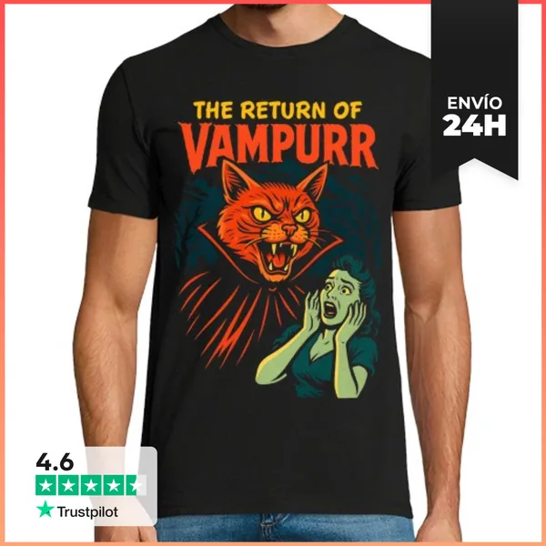 Camiseta Hombre Clásica Vampurr Gato Vampiro Retro Horror