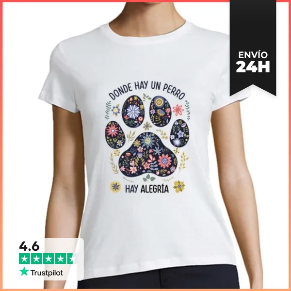 Camiseta Mujer Clásica Huella Perro Floral Alegría LaTostadora