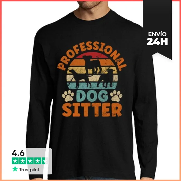 Camiseta Hombre Manga Larga Perro Sentado Paseador Cuidador