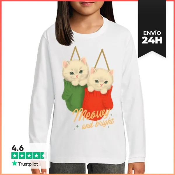 Camiseta Manga Larga Para Niños MEOWY AND BRIGHT XMAS CATS