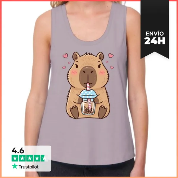 Camiseta Mujer Sin Mangas, Loose Fit Capibara Kawaii Con Té De
