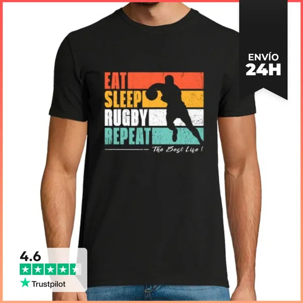 Camiseta Hombre Clásica Comer Dormir Rugby Ensayar Aficionados