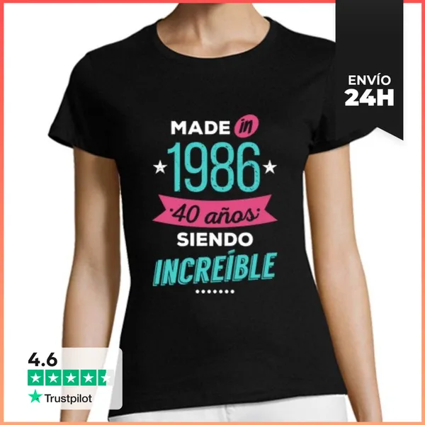 Camiseta Mujer Clásica Made In 1986, 40 Años Siendo Increíble