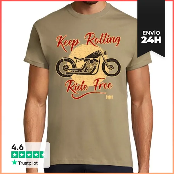 Camiseta Hombre Clásica Keep Rolling. Ride Free LaTostadora