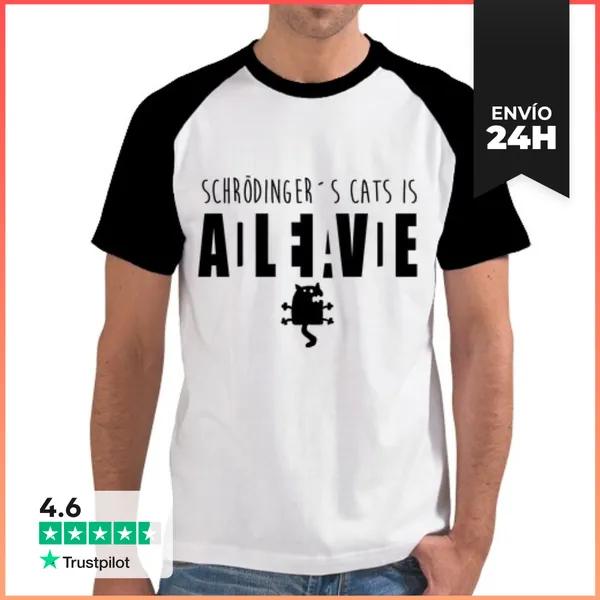 Camiseta Hombre, Estilo Béisbol Gato De Schrödinger Negro