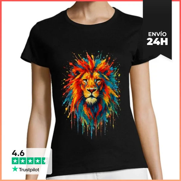 Camiseta Mujer Clásica León Colorido Acuarela Salpicadura