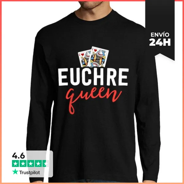 Camiseta Hombre Manga Larga Divertido Euchre Para Mujeres Reina