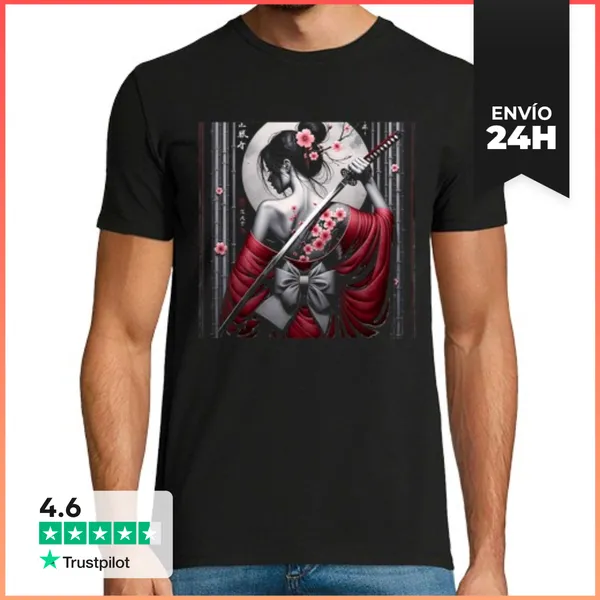 Camiseta Hombre Clásica Samurai Japonés Guerrero Floral Geisha