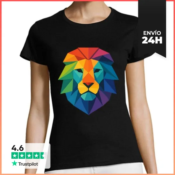 Camiseta Mujer Clásica León Colorido Geek Bajo Polígono