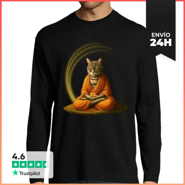 Camiseta Hombre Manga Larga Gato Zen Meditando LaTostadora
