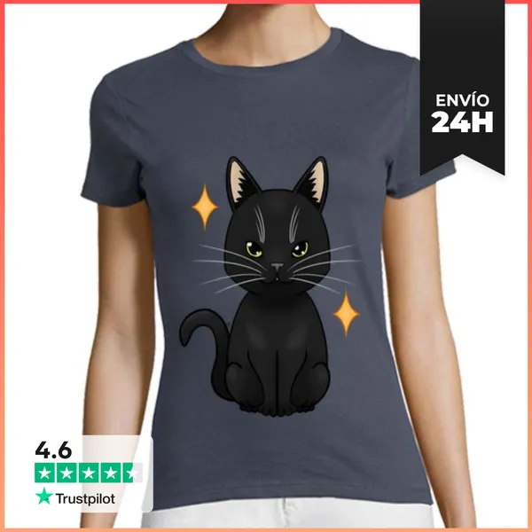 Camiseta Mujer Clásica Gato Doméstico Negro LaTostadora