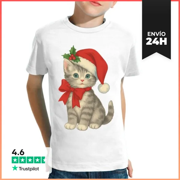 Camiseta Clásica Para Niños GATITO NAVIDEÑO SANTA CLAUS XMAS CAT