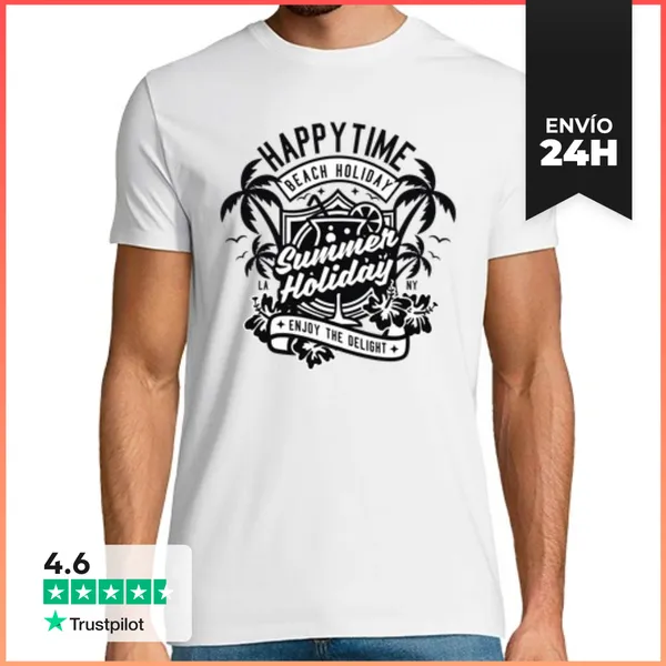 Camiseta Hombre Clásica Camiseta Summer Happy Time Beach Retro