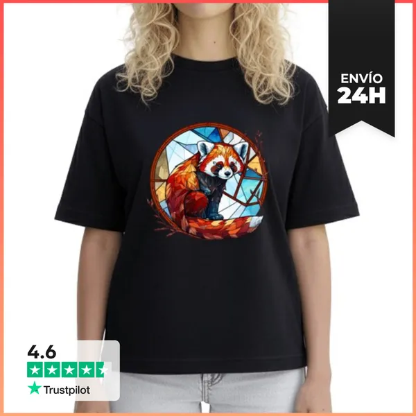 Camiseta Mujer Boxy Vidriera De Retrato De Animal Panda Roj