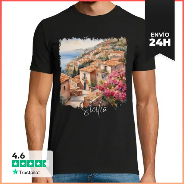 Camiseta Hombre Clásica Acuarela De Sicilia, Sicilia Italia