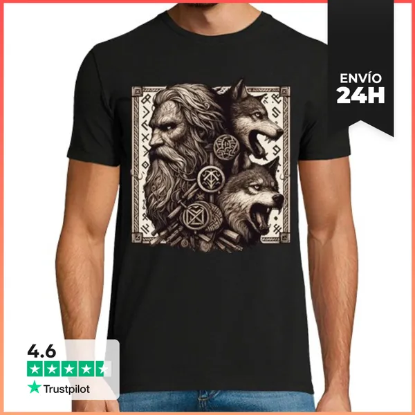Camiseta Hombre Clásica Odin Con Dos Lobos Mitología Nórdica