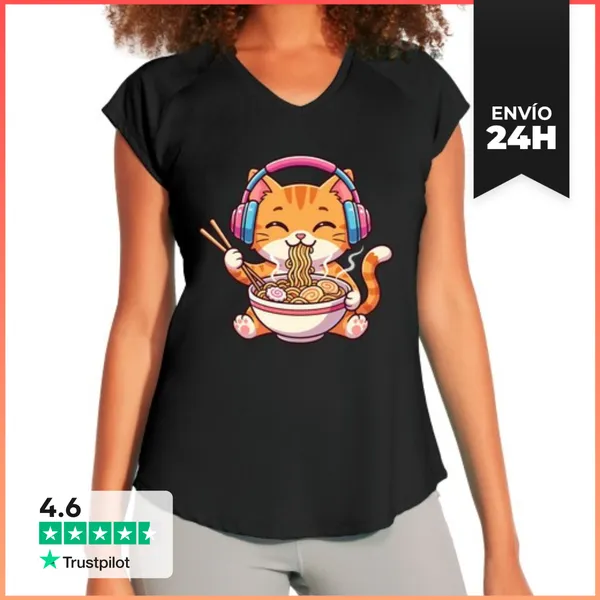 Camiseta Deportiva Mujer Gato Kawaii Ramen Música LaTostadora
