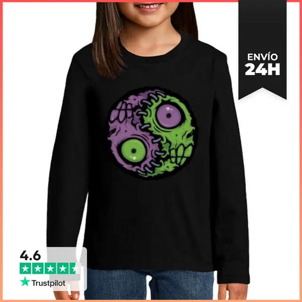Camiseta Manga Larga Para Niños Armonía No Muerta Zombi Yin Yang