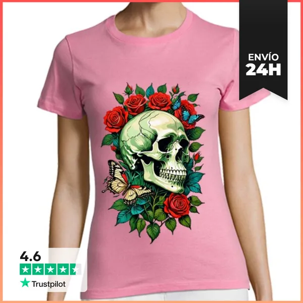 Camiseta Mujer Clásica Calavera Y Rosa LaTostadora