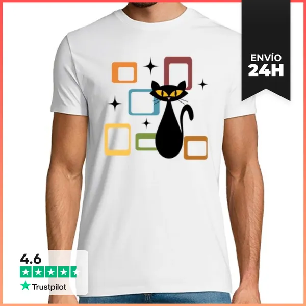 Camiseta Hombre Clásica Gato Negro De Mediados De Siglo