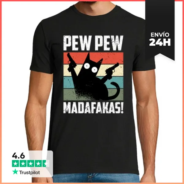 Camiseta Hombre Clásica Pew Pew Madafakas Gato Gracioso
