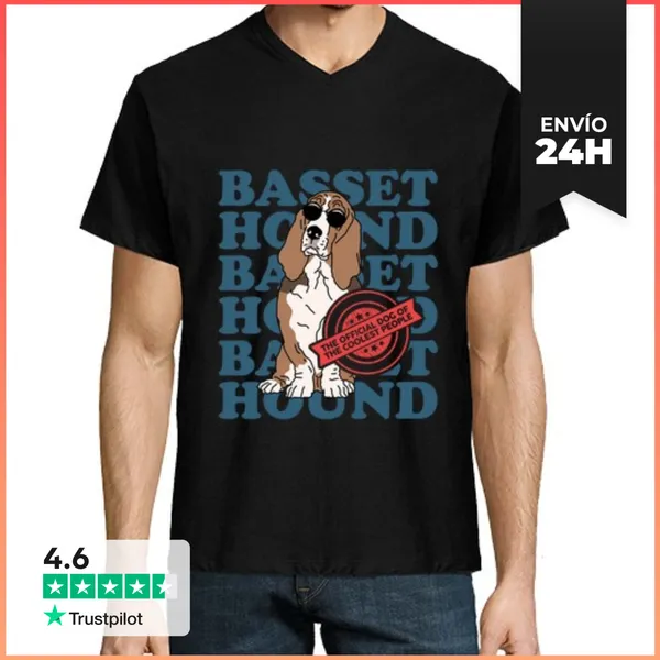 Camiseta Hombre, Cuello Pico Perro Basset Hound De Los Más Cool