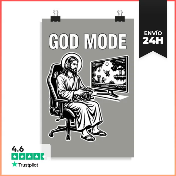 Póster Vertical Jesús Gamer - Modo Dios - Sátira De Videojuegos