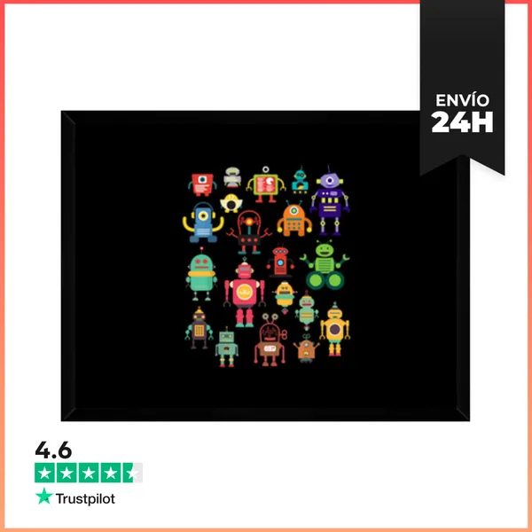 Cuadro Con Marco Horizontal Colección De Robots Retro Coloridos Y