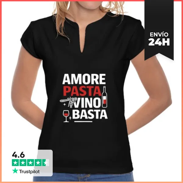 Camiseta Mujer Cuello Mao Amor Pasta Vino Y Basta Humor Italiano
