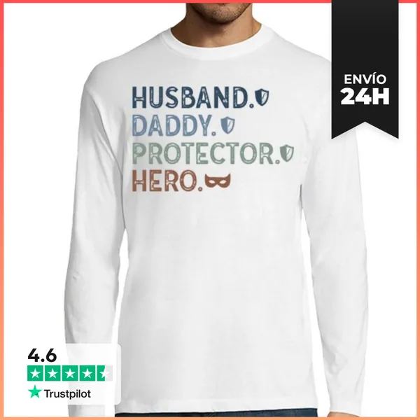 Camiseta Hombre Manga Larga HUSBAND DADDY PROTECTOR HERO