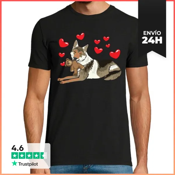 Camiseta Hombre Clásica Perro Lobo Checoslovaco Con Peluche