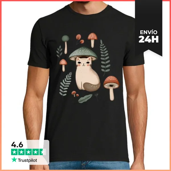 Camiseta Hombre Clásica Gato Seta Del Bosque Cottagecore